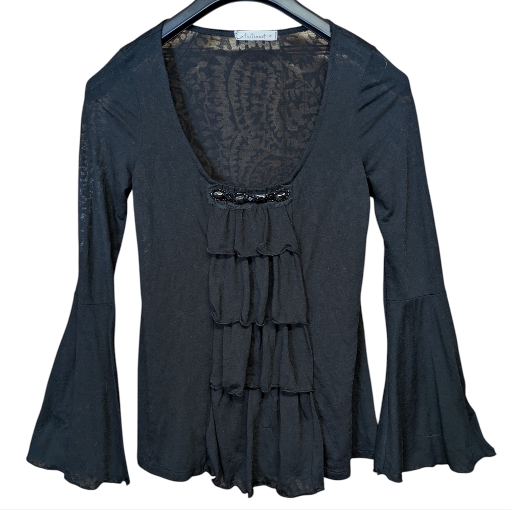 Testament Black Y2K Jeweled Ruffled Top Size Small
